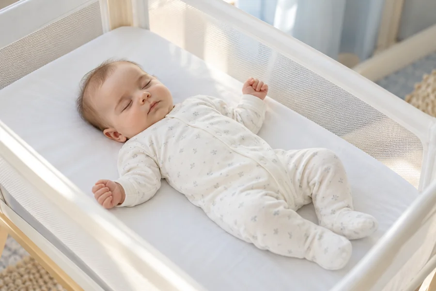 A baby sleeping on their back in a clear bassinet; illustrative photograph